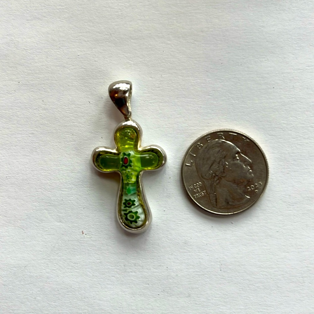 Green Murano glass made in Italy, and sterling silver cross pendant